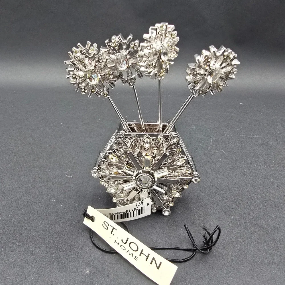 St. John Home Crystal Snowflake Cocktail Pick Set with Holder Silver Tone New